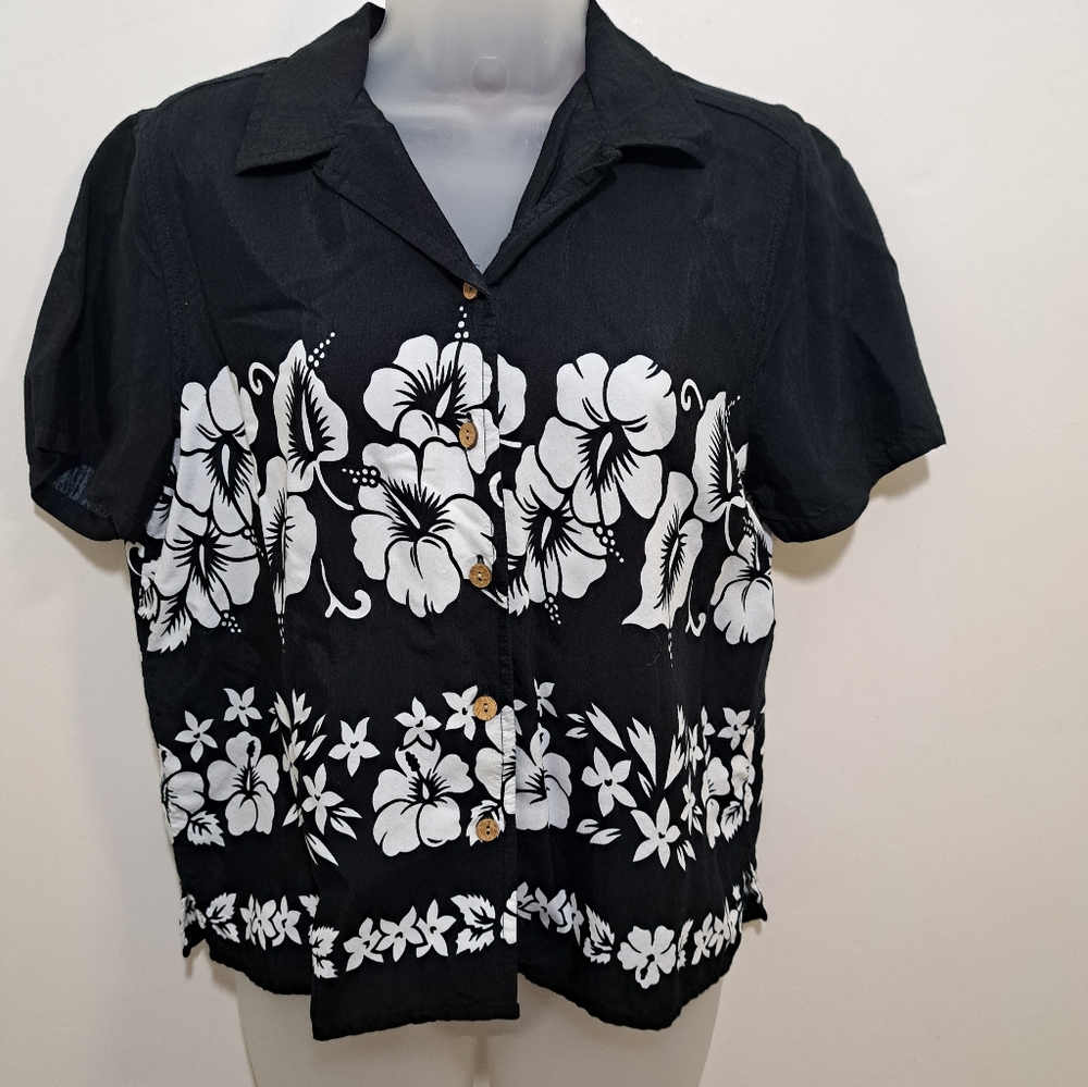 Gloria Vanderbilt Hawaiian Shirt Women's Medium Y2K Black White Floral